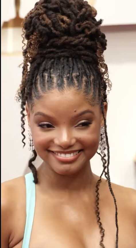 Classy Dreadlocks Black Women, Hoco Dread Styles, Elegant Loc Styles Black Women Wedding, Halle Bailey Nails, Halle Bailey Locs Styles, Dreads Styles For Women Black Long Hair, Loc Wedding Hairstyles, Halle Bailey Locs, Locs Wedding Hairstyles