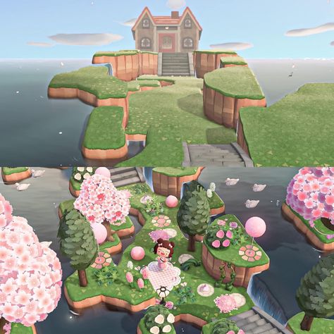 Animal Crossing Forced Perspective, Animal Crossing Residential Area, Acnh Terraforming, Fairy Island, Pink Island, Animal Crossing Guide, Animal Crossing Wild World, Acnh Ideas, Acnh Inspo