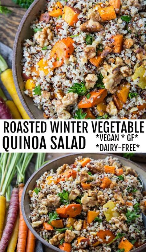 Vegetable Quinoa Salad, Butternut Squash Sweet Potato, Roasted Winter Vegetables, Butternut Squash Sweet, Dairy Free Salads, Cider Vinaigrette, Roasted Vegetable Salad, Winter Vegetable, Vegetable Quinoa