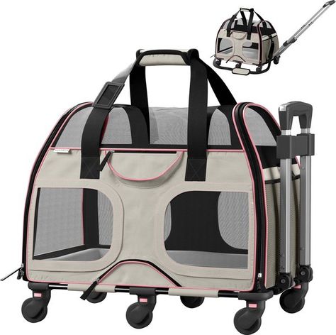 KATZIELA Luxury Rider Pro Removable Wheels & Double Telescopic Handle Airline-Approved Dog & Cat Carrier Bag, White/Pink - Chewy.com Dog Travel Carrier, Cat Carrier Bag, Cat Crate, Pet Travel Carrier, Travel Carrier, Pet Crate, Cat Carrier, Dog Travel, Dog Carrier