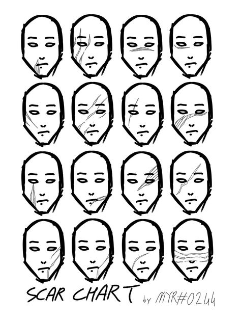 Scarring Drawing References, Scar Tutorial Art, Jaw Scar Reference, Scar Oc Art, Art Tips Body Types, Face Scar Ideas Drawing, Scar Body Chart, Scar Reference Drawings, Scar Face Reference