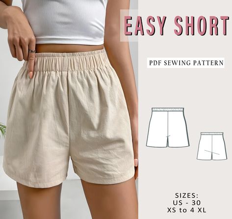 Digital sewing pattern for easy short !   ✔️ US Sizes: 2, 4, 6, 8, 10, 12, 14, 16, 18, 20, 22, 24, 26, 28, 30 ✔️ Standard sizes: XS, S, M, L, XL, 2XL, 3XL, 4XL/5XL ✔️These templates are suitable for A4, A0 and US Letter size paper. When you purchase this pattern, you will receive a digital (pdf) sewing pattern and instructions. Once your payment processes, you will automatically receive a download links of pattern files. If you have any problem accessing the files, please don't hesitate to conta Pj Sewing Pattern, Shorts Pattern Free, Shorts Pattern, Sewing Projects Clothes, Elastic Shorts, Pattern Sewing, Sewing Class, Sewing Design, Easy Sewing Patterns