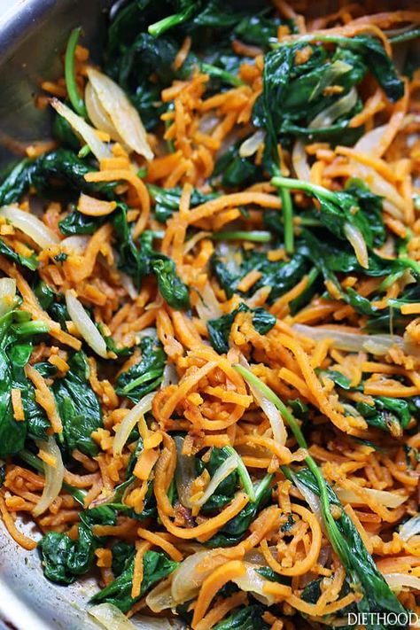 Sweet Potato Noodles with Spinach | www.diethood.com | Delicious, adaptable, vegetarian recipe with garlicky sweet potato noodles, spinach, onions, and a sprinkle of cheese. Noodles With Spinach, Easy Spinach Recipes, Veggie Noodles Recipes, Spiralized Sweet Potato, Delicious Vegetarian Dinner, Sweet Potato Recipes Healthy, Potato Noodles, Zoodle Recipes, Easy Vegetarian Dinner