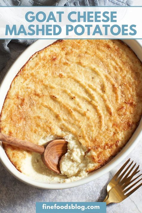 Goat cheese mashed potatoes with a wooden spoon in it in an oval casserole dish. Two gold forks are in the bottom right. Mashed Potatoes Ina Garten, Cheese Mashed Potatoes Recipe, Goat Cheese Mashed Potatoes, Ina Garten Recipe, Potatoes And Sweet Potatoes, Warm Cocktails, Thanksgiving Favorites, Cheese Mashed Potatoes, Recipes Potatoes