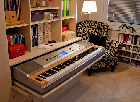 Who says you have no room for a keyboard.   Slides hidden away in this cabinet . very clever Music Room Storage, Musical Keyboard, Piano Desk, Small Tiny House, Music Studio Room, Piano Room, Secret Storage, Storage House, Home Studio Music