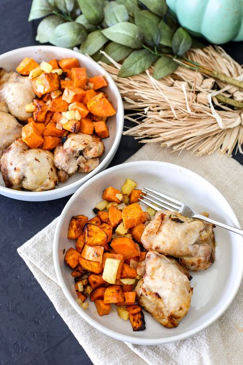 This Air Fryer Maple Roasted Chicken & Sweet Potatoes recipe is so easy and perfect for a busy weeknight! We all have those dinners that are a family favorite, easy to throw together and also Maple Roasted Chicken, Chicken Sweet Potatoes, Sweet Potatoes Recipe, Shredded Chicken Recipes, Chicken Sweet Potato, Air Fried Chicken, Carrots And Potatoes, Air Fryer Recipes Healthy, Air Fryer Chicken