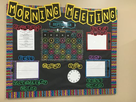 Morning meeting bulletin board - includes greetings, share aloud, joke, fact, vocabulary, sight words, money, and time Morning Meeting Bulletin Board, Classroom Morning Routine, Teacher Desk Organization, Dream Classroom, Beginning Of Year, Bulletin Board Ideas, 4th Grade Classroom, 3rd Grade Classroom, Teacher Desk