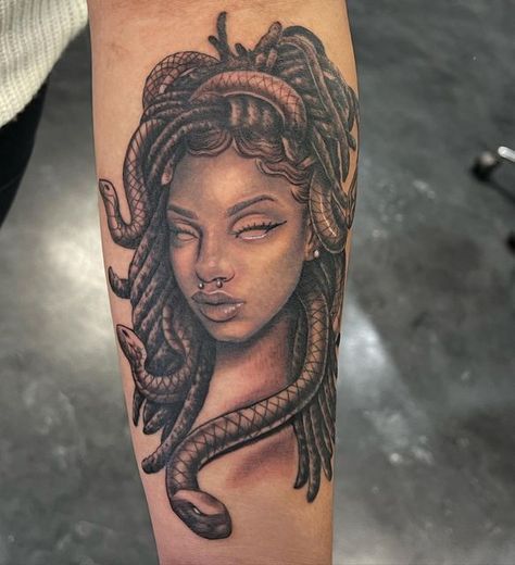 Black Goddess Tattoos For Women, Medusa Tattoo Black Women Arm, Medusa Tattoo On Black Women, Goddess Tattoos For Women, Black Medusa Tattoo, African Goddess Tattoo, Black Goddess Tattoo, Afrocentric Medusa Tattoo, Medusa Warrior Tattoo