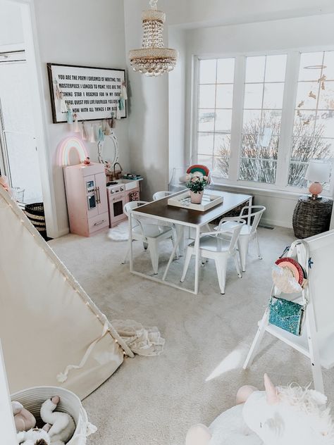 Wendy Correen Smith: Dining Room to Playroom Conversion. Pink Kitchen, Lace Teepee, Pillowfort Table & Chairs, Art Easel. Whimsical rainbow inspired playroom for toddler girl. Dining Room Playroom Conversion, Dining Room To Playroom Conversion, Playroom For Toddler, Dining Room Into Playroom, Dining Room To Playroom, Dining Room Turned Playroom, Dining Room Playroom Combo, Converted Dining Room, Organizing Playroom