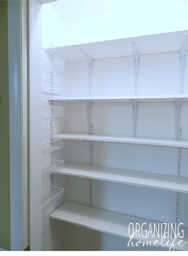 How to Maximize Space in a Pantry ~ Organize Your Kitchen Frugally Day 27 - Organizing Homelife Track Shelving Pantry, Hall Closet To Pantry Conversion, Reach In Pantry Shelving Ideas, Shallow Pantry Ideas, Pantry Redesign, Bracket Shelving, Mediterranean Cottage, Track Shelving, Shallow Pantry