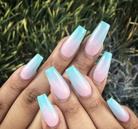 Teal And Pink Ombre Nails, Gender Nails, Cosplay Nails, Baby Nail Art, Lily Nails, Cotton Candy Nails, Candy Nails, Pink Ombre Nails, Unicorn Nails