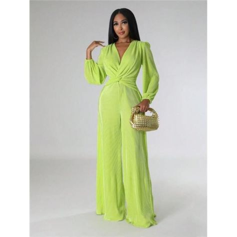 -Item Id 21913356.Html?Mallcode=1&Zeedropid=1634604 -Color: Green -Style: Casual -Pattern Type: Plain -Type: Wide Leg -Neckline: Deep V Neck -Details: Tie Back, Twist -Sleeve Length: Long Sleeve -Length: Long -Fit Type: Loose -Sleeve Type: Bishop Sleeve -Waist Line: High Waist -Fabric: Medium Stretch -Material: Fabric -Composition: 95% Polyester, 5% Elastane -Care Instructions: Hand Wash,Do Not Dry Clean -Pockets: No -Body: Unlined -Belt: No -Sheer: No **Open To Offers!!!** **Bundle To Save More Classy Jumpsuit Outfits, Classy Jumpsuit, Jumpsuit Outfits, Stretch Jumpsuit, Pleated Jumpsuit, Rompers Womens Jumpsuit, Jumpsuit Casual, Jumpsuit Summer, Plus Size Outerwear