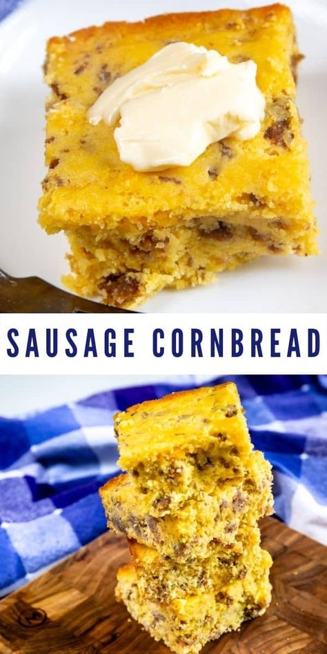 This Sausage Cornbread recipe is so easy you can make a batch whenever you crave it. The combination of pork sausage and cheese is so good – it won't last long when you make it! Sausage Cornbread Muffins, Savory Cornbread Recipe, Cornbread And Sausage, Cornbread Breakfast, Cornbread Loaf, Sausage Cornbread, Cheese Cornbread, Ground Sausage Recipes, Jiffy Cornbread Recipes