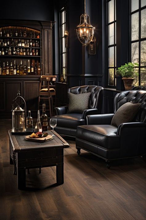 Prohibition Style Basement, Dark Whiskey Room, Whiskey Sitting Room, Speakeasy Flooring, Whiskey Room Man Caves, Prohibition Design, Whiskey Lounge Home, Lounge Decorating Ideas, Home Speakeasy