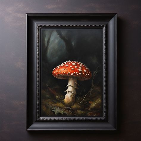 Dark Mushroom Goblincore Art. #prosperosgarden #mushroom #Amanita #poisonousfungi #goblincore #witchcore #fairycore #darkacademia #darkcottagecore Tranquil Artwork, Mushroom Wall Decor, Painting Victorian, Forest Mushrooms, Moody Vintage, Wolf Wall Art, Victorian Paintings, Goth Decor, Mushroom Decor