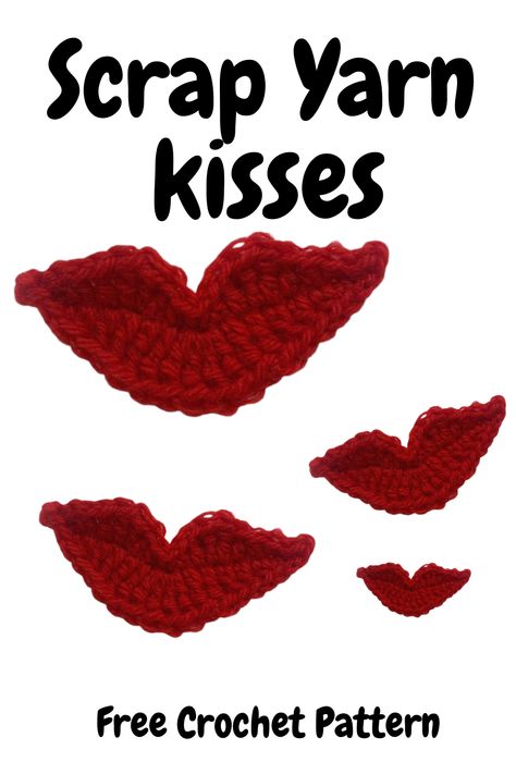 Free crochet pattern for scrap yarn kisses! Beginner friendly crochet pattern. Kissing lips appliqué. Crochet Lips Applique, Lips Crochet Pattern, Valentine Free Crochet Pattern, Crochet Lips Pattern Free, Crochet Kiss, Crochet Lips, Homework Menu, Valentines Lips, Small Crochet Gifts