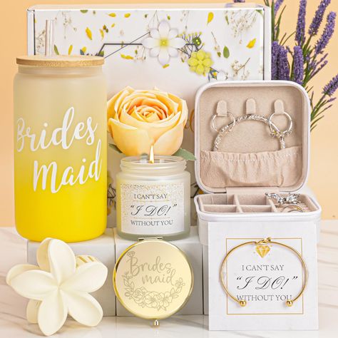 PRICES MAY VARY. Bides Maid Gift Box Set: This bridesmaid proposal box makes a great gift for a bachelorette party, bridal party, bridesmaid luncheon, rehearsal dinner, or wedding day. There are a total of 8 items in the box: 1* yellow water cup, 1* portable makeup mirror, 1* jewelry box, 1* flower claw clip, 1* scented candle, 1* yellow flowers, 1* bracelet and 1 card. Each item is carefully selected for the bridesmaids and packaged with care in a beautiful box. Bridesmaid Proposal Gifts:The ca Bridesmaid Kit, Honorary Bridesmaid, Will You Be My Bridesmaid Gifts, Gifts For Wedding, Gifts Bridesmaid, Bridesmaid Gift Boxes, Bridemaids Gifts, Bridesmaid Box, Bridesmaid Proposal Box