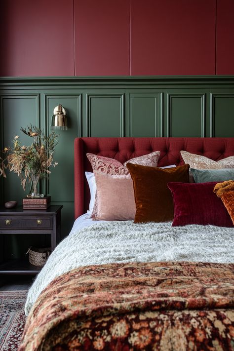 Muted Red Bedroom, Burgundy Pink And Teal Bedroom, Burgundy And Beige Bedroom, Dark Green And Burgundy Bedroom, Dark Mid Century Bedroom, Red Wine Bedroom, Bold Bedroom Color Scheme, Wine Red Bedroom Ideas, Maroon Bedroom Ideas Burgundy