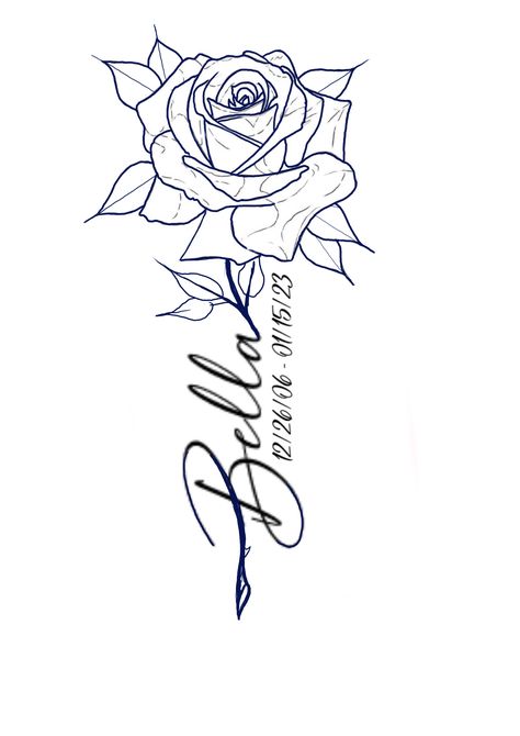 Rose With Name Tattoo Design, Rita Tattoo Name, Rose Into Name Tattoo, Boyfriends Name Tattoo Ideas Design, Rose With Writing Tattoo, Womans Chest Tattoo Ideas, Burning Flower Tattoo, Vertical Name Tattoo, Rose Name Tattoos For Women