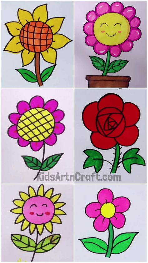 Easy Flower Drawing Ideas For Kids Check more at https://www.kidsartncraft.com/easy-flower-drawing-ideas-for-kids/ Easy Drawings Of Flowers, Leaf Drawing Easy, Flower Drawing For Kids, Basic Drawing For Kids, Flower Drawing Ideas, Drawing Classes For Kids, Drawing Ideas For Kids, Simple Flower Drawing