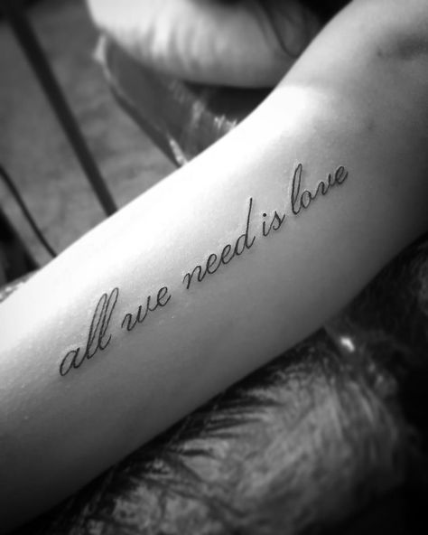 All we need is love 🖤💉🎼 #canserbero #allweneedislove #tampa #tampatatto #letteringtattoo #quotetattoo #lettertattoo #tattoos #ink #moleink… Troop Zero, All We Need Is Love, Small Quote Tattoos, Tiny Quotes, Quote Tattoos, Love Tattoo, Small Quotes, Tattoo Font, Small Tattoo Designs