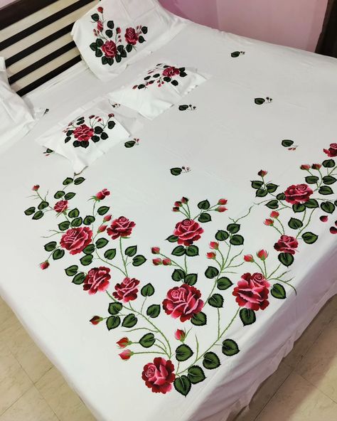 Hand painted bed sheet Set with two pillow cover and two cushion cover king size white colour cotton fabric To place the order contact 7710863253 Cash on delivery not available Delivery only in india Bedsheet Painting, Handmade Bed Sheets, Bedsheet Design, Diy Bed Sheets, Sheet Painting, Bed Sheet Painting Design, Fabric Colour Painting, Painted Beds, Fabric Paint Diy