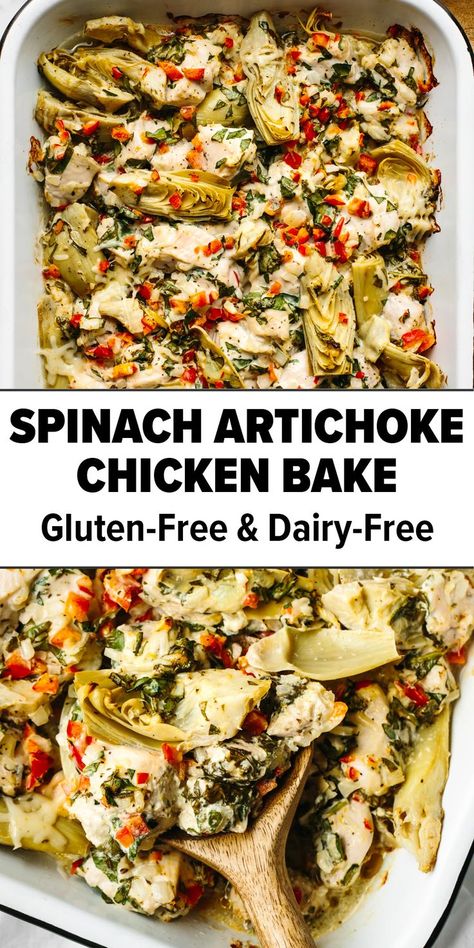 Spinach artichoke chicken casserole bake Chicken Bake Casserole, Low Fat Chicken Breast Recipes, Spinach Artichoke Chicken Bake, Artichoke Chicken Bake, Spinach Artichoke Chicken Casserole, Rotisserie Chicken Recipes Healthy, Baked Chicken Casserole, Chicken Artichoke, Healthy Fall Dinner