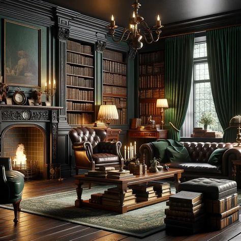 The dark academia aesthetic evokes a yearning for knowledge. Here's how to create this distinctive look in your own home. Boho Library Aesthetic, Dark Academia Foyer, Dark Academia Salon, Dark Academia Reading Room, Dark Academia Small Bedroom, Dark Academia Aesthetic Office, Dark Home Library, Dark Academia Home Office, Dark Academia Library Aesthetic