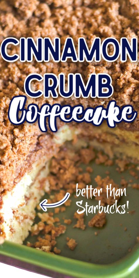 This cinnamon coffee cake recipe is moist, buttery, and full of cinnamon flavor. This is the best recipe for cinnamon crumb cake out there! #breakfast #coffeecake #cinnamon #baking #crumbcake via @gogogogourmet Cinnamon Coffee Crumb Cake, Homemade Cinnamon Coffee Cake, Breakfast Crumb Cake, Best Cinnamon Coffee Cake, Best Coffee Cake Ever, Breakfast Cinnamon Cake, Copycat Starbucks Cinnamon Coffee Cake, Cinnamon Coffee Cake With Streusel Crumb Topping, Best Cinnamon Coffee Cake Recipe