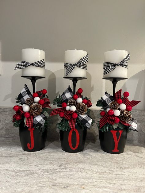 Our popular Christmas sets are back and we are so excited to be offering these again. They are individually handcrafted beautiful wine glass home decor sets made by my mom and me! It is the perfect touch to any room and they also make the best gifts  **we also offer custom sets to match your home decor, message us for details** And as always it will ship for FREE as a token of our appreciation for supporting our small business and sweet little family! Black Red And Silver Christmas Decor, Christmas Home Decor Diy Simple, Cheap Christmas Gift Crafts, Simple Cheap Christmas Table Decorations, Red Silver Black Christmas Decor, Red White And Black Christmas Decor, Christmas Family Room Decor, Red Black And White Christmas Decor, Black White And Red Christmas Decor