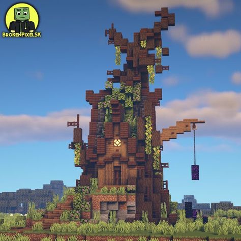 Magical treehouse cottage in Minecraft Cute Witchy Minecraft Houses, Treehouse Base Minecraft, Fantasy Shop Minecraft, Dark Oak Treehouse Minecraft, Minecraft Tree Stump House, Magical Minecraft Houses, Minecraft Fairy Farm, Minecraft Magic Shop, Minecraft Druid House