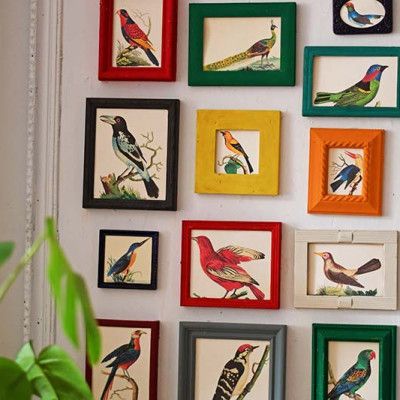 How To Make A Gallery Wall From Old Picture Frames Bright Picture Frames, Mixed Color Frames Gallery Wall, Colored Picture Frames, Colourful Picture Frames, Painted Frames On Wall, Picture Frame Painting Ideas Diy, Decorate Picture Frames, Yellow Picture Frames, Picture Walls