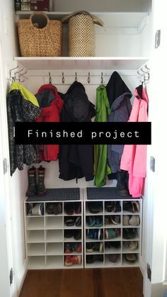 Coat Closet To Shoe Closet, Shoe And Coat Storage Entryway Closet, Coat Closet Into Shoe Closet, Shoe Storage And Coat Rack, Coat Storage In Garage, Coat Cupboard Organization, Shoe And Coat Storage Small Space, Front Closet Storage, Shoe Closet Entryway Entrance