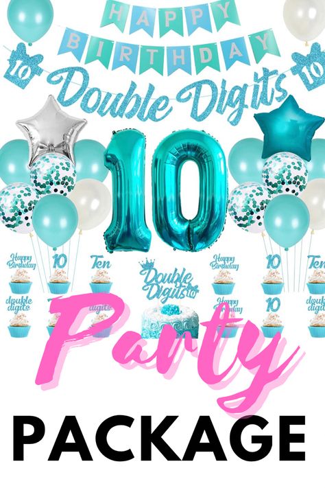 Save Time and Money: The teal birthday decorations contain two different banners and five kinds of cake toppers. These decorations are very complete for a 10th birthday party. You don’t have to waste time and money to select other birthday party decorations. #birthday #10 #party #decoration #balloons #partydecor (affiliate link) 10th Birthday Party Ideas Girl, Double Digits Party, Turquoise Banner, Teal Birthday, 10th Birthday Party, Birthday 10, 10 Birthday Cake, Girls Party Decorations, Girl Birthday Decorations