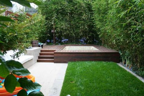 Above ground spa deck. Wooden Decking, Hot Tub Landscaping, Relaxing Backyard, Hot Tub Deck, Hot Tub Backyard, Above Ground Pool Landscaping, Indoor Outdoor Pool, Jacuzzi Outdoor, Bamboo Garden