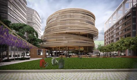 circular building, Darling library, Sydney, Kengo Kuma, green library, timber facade, timber, green architecture, makerspace, public buildings Spiral Building, Public Plaza, Green Library, Arch Building, India Mahdavi, Circular Buildings, Round Building, Plans Architecture, Kengo Kuma