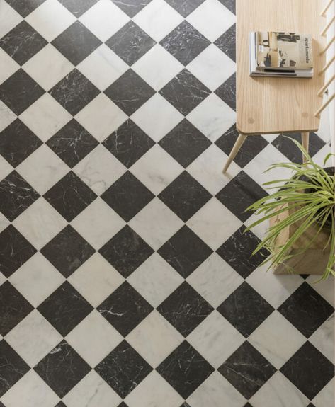 Black & White Tiles | Wall & Floor Tiles | Mandarin Stone Black Tile Bathroom Floor, Checkered Tile, Black Tile Bathrooms, Honed Marble Tiles, Mandarin Stone, Tiled Hallway, Checkerboard Floor, White Marble Tiles, White Tile Floor