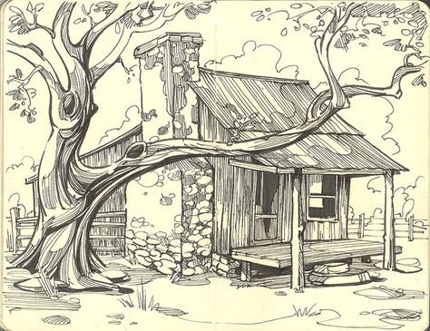 Sketches Of Cottages, Old Farmhouse Drawings, Old Cabin Drawing, Country Landscape Drawing, Southern Drawings, Outside Drawings, Farmhouse Drawings, Farmhouse Drawing, Old Ranch House