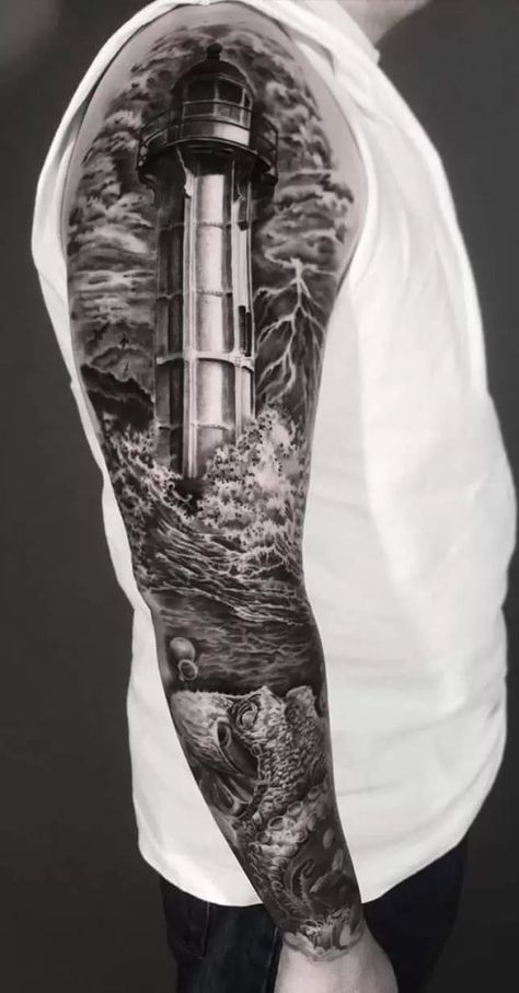 Storm Tattoo Men, Lighthouse Tattoo Men, Tattoo Trends 2023, Light House Tattoo, Lighthouse Tattoo Meaning, Traditional Lighthouse Tattoo, Ship Tattoo Sleeves, Lighthouse Tattoos, Nautical Tattoo Sleeve