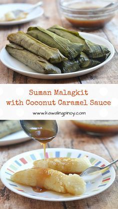 Suman Malagkit with Coconut Caramel Sauce are Filipino rice cakes wrapped and cooked in banana leaves and drizzled with rich, creamy coconut caramel sauce. Gluten-free Malagkit Recipe Filipino Desserts, Filipino Rice Cake Recipes, Suman Recipe Filipino Desserts Banana Leaves, Suman Malagkit Recipe, Suman Recipe, Best Filipino Recipes, Filipino Rice, Coconut Caramel Sauce, Kawaling Pinoy