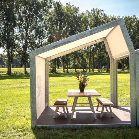 BuzziShed, multifunctional outdoor shelter | BuzziSpace Wind Shelter, When The Weather Is Nice, Shelter Ideas, Rain Shelter, Marketing Office, Architecture Design Process, Work Outside, Shelter Design, Outdoor Shelters