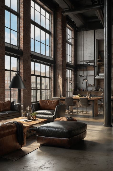 Nyc Industrial Apartment, Downtown Loft Aesthetic, New York Loft Aesthetic, Industrial Studio Apartment, Penthouse Exterior, Nyc Apartment Aesthetic, Loft Apartment Aesthetic, Industrial Flat, Penthouse Aesthetic