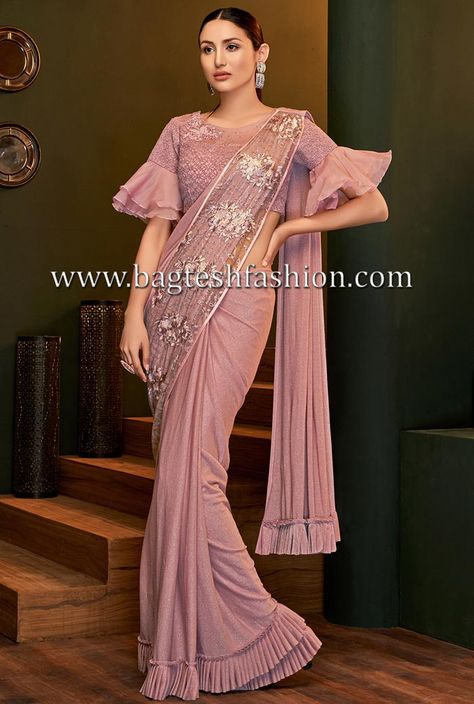 Pink lycra bridal lycra party wear saree with thread, zari, cord embroidery and handwork butta. As shown matching pink taffeta silk blouse can be made available and also can be customized as per your style or pattern subject to fabric limitation. Sari Wedding, Handmade Saree, डिजाइनर कपड़े, Blouse Ideas, New Saree Blouse Designs, Saree Blouse Patterns, Readymade Saree, Saree Designs Party Wear, Ready To Wear Saree