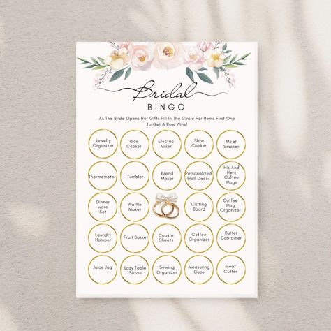 Dive into the excitement of the Bridal Shower Bingo game with this downloadable PDF featuring a set of 23 distinct bingo sheets. Crafted in a convenient 6x9 size, each sheet boasts a unique design, ensuring a delightful variety for players. These printables are thoughtfully created to add a touch of fun and whimsy to the bridal shower festivities. Whether adorned with charming illustrations, elegant patterns, or playful themes, each bingo sheet is a visual treat. Gather your guests and embark on Gift Bingo, Bingo Sheets, Bridal Shower Bingo, Simple Bridal Shower, Bridal Bingo, Bingo Games, Feb 5, Bridal Shower Games, Bridal Shower Gifts