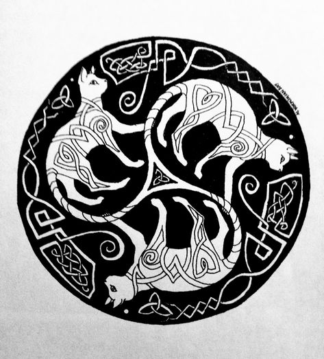 Celtic Cat Tattoo, Vikings Art, Celtic Paganism, Celtic Knot Drawing, Celtic Cats, Celtic Knotwork Design, Spiral Drawing, Viking Embroidery, Viking Mythology