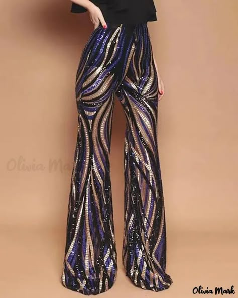 Olivia Mark - High Waisted Colorblock Striped Sequin Pants - Multicolor - "unit": "S", "hip": "87.9", "bottom length": "107.4", "bottom waist": "68.1";"unit": "M", "hip": "91.9", "bottom length": "108.5", "bottom waist": "71.9";"unit": "L", "hip": "98.0", "bottom length": "109.5", "bottom waist": "75.9";"unit": "XL", "hip": "103.9", "bottom length": "110.5", "bottom waist": "80.0" Sequins Pants, Glitter Pants, Sequin Pant, Tokyo Street Fashion, Chique Outfits, Sequin Pants, Swansea, Bell Bottom Pants, Pants Casual