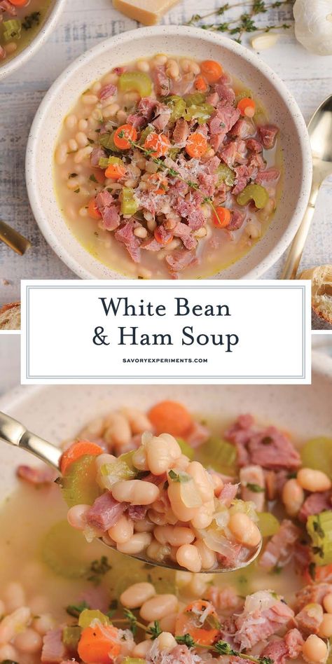 A hearty ham soup recipe seasoned with fresh herbs, vegetables and then a splash of my secret ingredient. The best use for leftover ham! Ham And Lima Bean Soup, White Bean Ham Soup, Leftover Ham Recipes Crockpot, Lima Bean Soup, Ham Recipes Crockpot, Ham Soup Recipes, Ham And Bean, Recipes Crockpot Healthy, Slow Cooker Ham