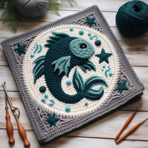 Beautiful Fish Crocheted Blanket Square Crochet Sea Creatures, Crochet Square Blanket, Crochet Fish, Crochet Lion, Crochet Angel, Granny Square Crochet Patterns Free, Crocheted Blanket, Crochet Dragon, Crochet Animals Free Patterns