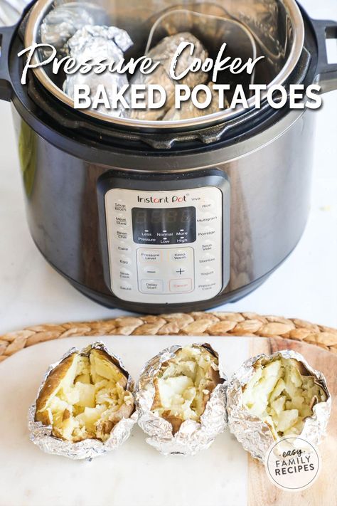 Easy potatoes in a pressure cooker! This Instant Pot Baked Potatoes recipe is the easiest, quickest way to make super fluffy perfect potatoes for any day of the week! Not only is the taste and texture amazing, but they cook in a fraction of the time. These Instant Pot Baked Potatoes are perfect for making loaded baked potatoes, or using to make hashbrowns, fried potatoes, or other potato dishes. This is a great snack recipe that works any day, any time! Ninja Speedi Baked Potato, Crockpot Baked Potatoes With Foil, Instant Pot Baked Potatoes Russet, Baked Potatoes In Ninja Foodi, Baked Potatoes In Instapot, Baked Potato Instant Pot, Make Hashbrowns, Quick Baked Potato, Fluffy Baked Potatoes