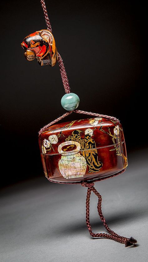 JAPANESE MOTHER OF PEARL INLAID LACQUER INRO, 19TH CENTURY With a jade stopper and carved lacquer netsuke.  Dimensions: Height 2 1/2 in. (6.4 cm.) Japanese Mother, Japanese Inro, Japanese Netsuke, Japanese Lacquerware, Singular And Plural, Vedic Art, Sculptural Object, Japanese Dress, Japanese Characters